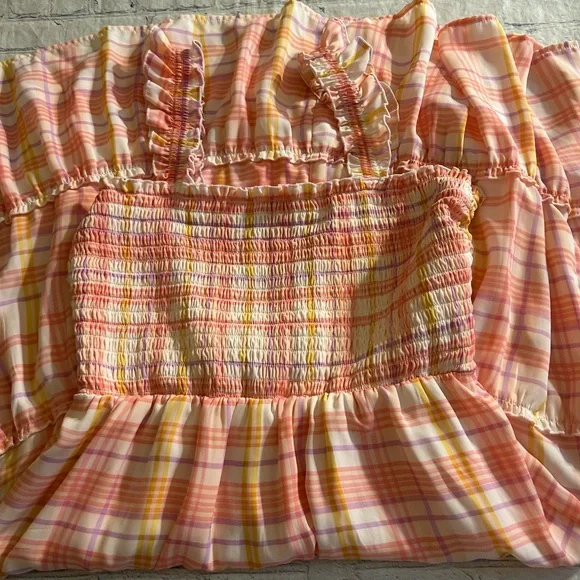 AS U WISH PINK/ORANGE PLAID SLEEVELESS SMOCKED MIDI DRESS SPRING/SUMMER SIZE L - Picture 10 of 12